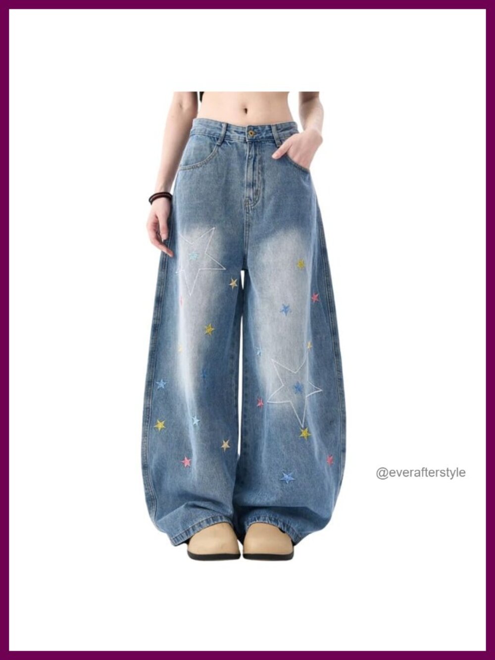 Baggy Star Embroidered Barrel Jeans High Rise Wide Leg Cotton Blend
